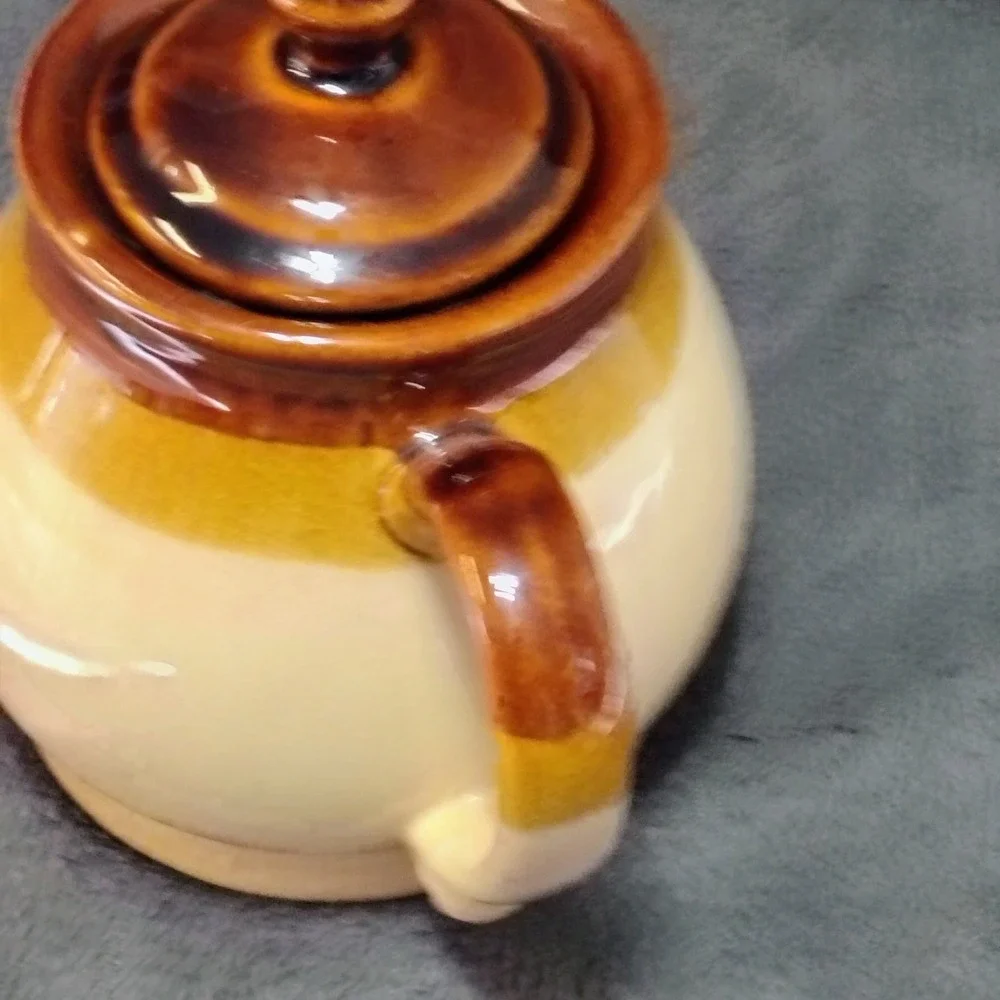 Vintage Tri-Color Glazed Stoneware Ceramic Teapot Brown Tan Rustic Farmhouse‎